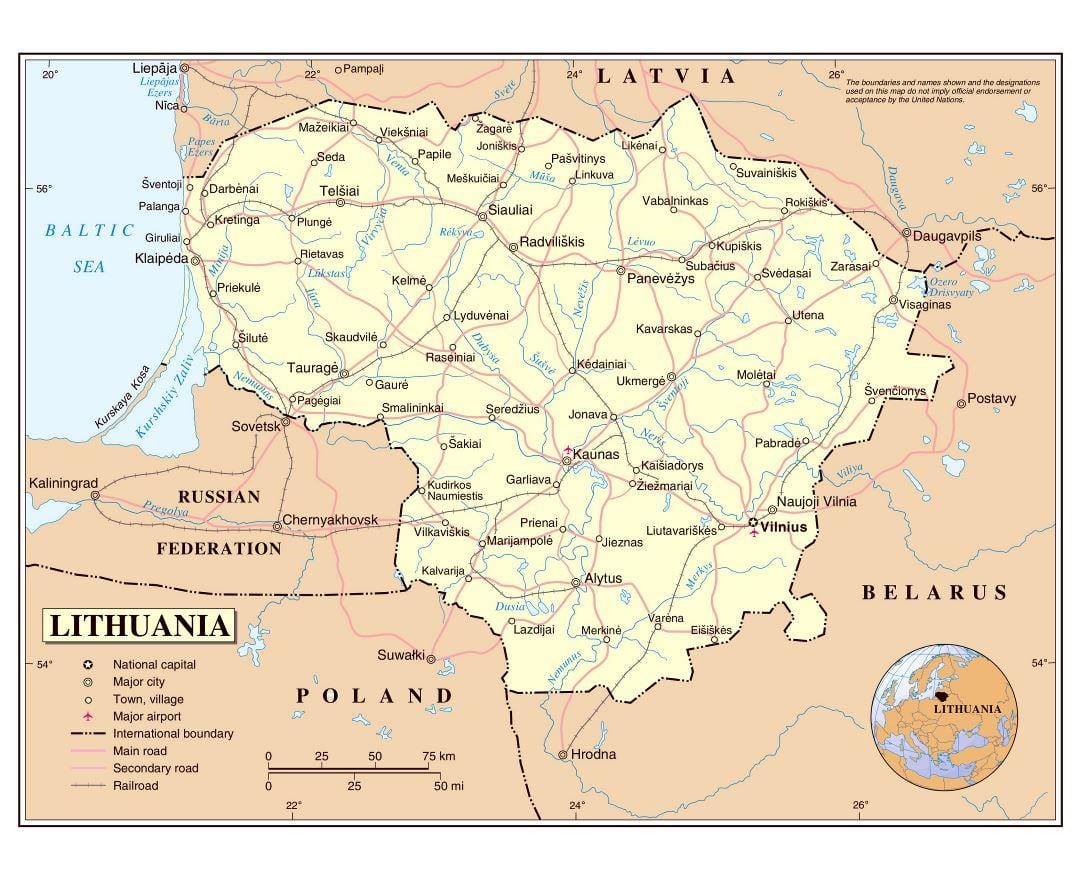 Карта аеродромима Литваније